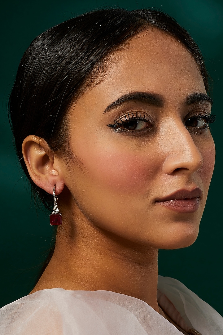 White Finish White & Red Swarovski Zirconia Dangler Earrings In Sterling Silver by Diosa Paris Jewellery at Pernia's Pop Up Shop