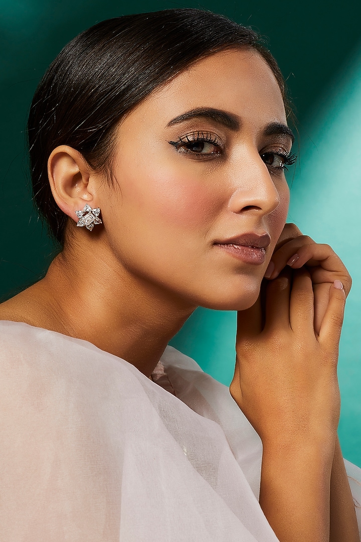 White Finish Swarovski Zirconia Earclips In Sterling Silver by Diosa Paris Jewellery at Pernia's Pop Up Shop