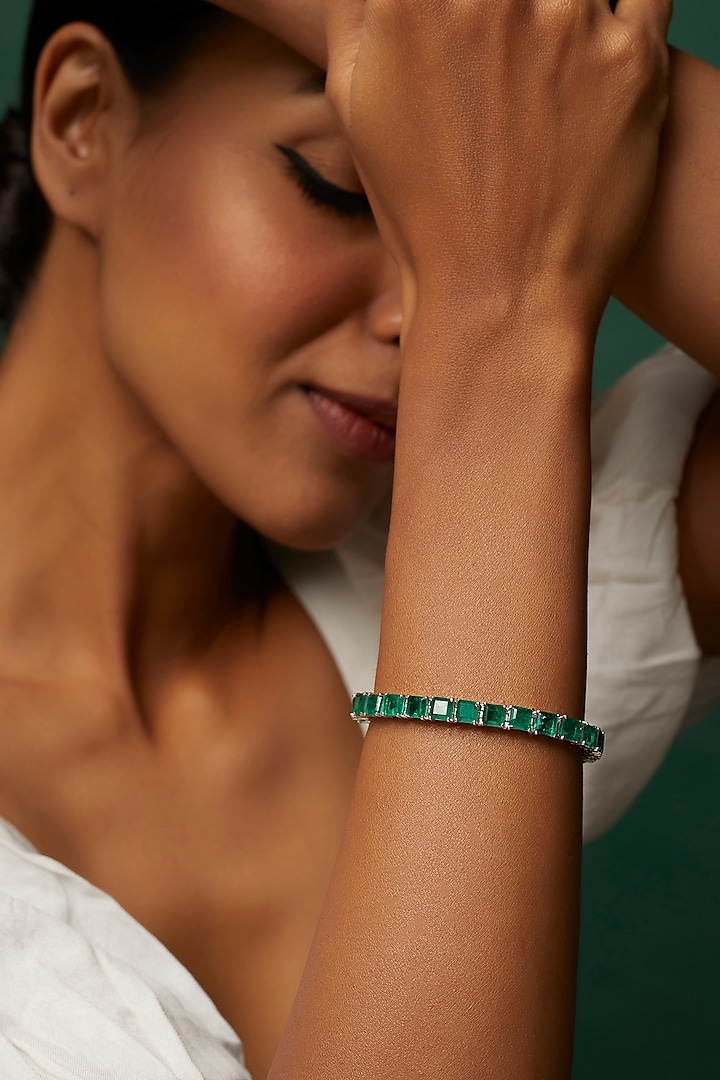 White Finish Green Swarovski Zirconia Bracelet In Sterling Silver by Diosa Paris Jewellery