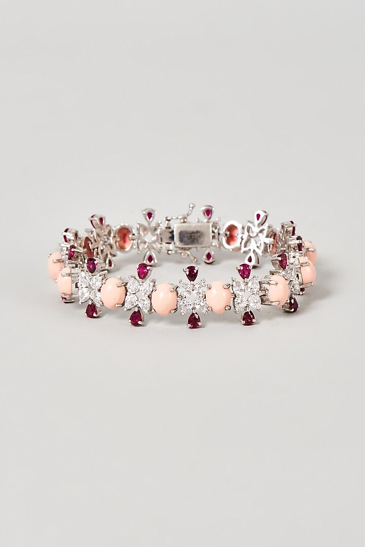 White Finish Coral & White Swarovski Zirconia Cuff Bracelet In Sterling Silver by Diosa Paris Jewellery at Pernia's Pop Up Shop