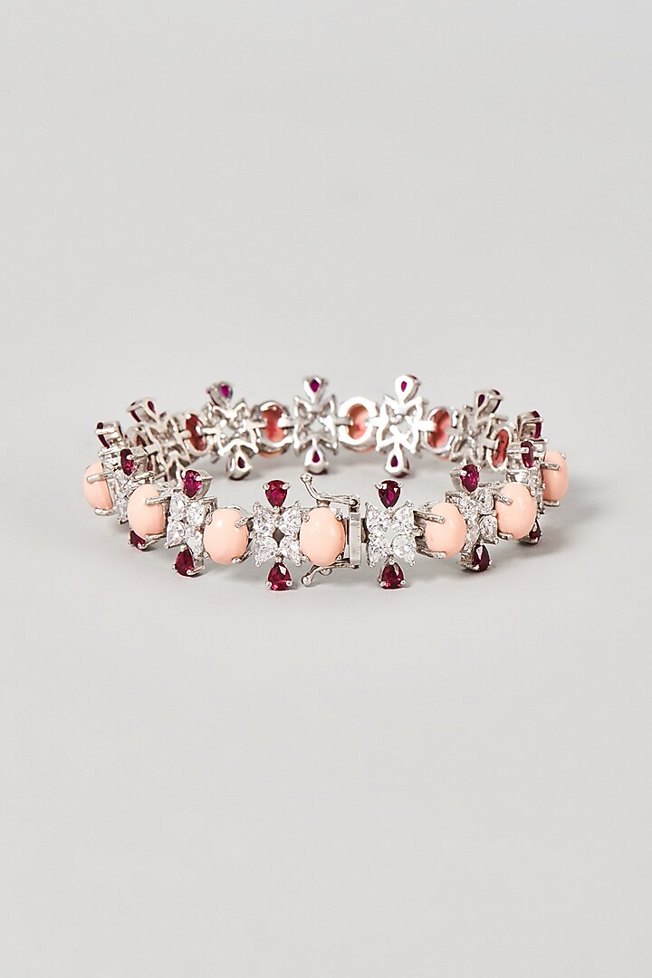 White Finish Coral & White Swarovski Zirconia Cuff Bracelet In Sterling Silver by Diosa Paris Jewellery at Pernia's Pop Up Shop