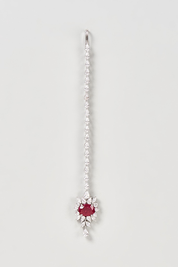 White Finish Red & White Swarovski Zirconia Maangtikka In Sterling Silver by Diosa Paris Jewellery at Pernia's Pop Up Shop
