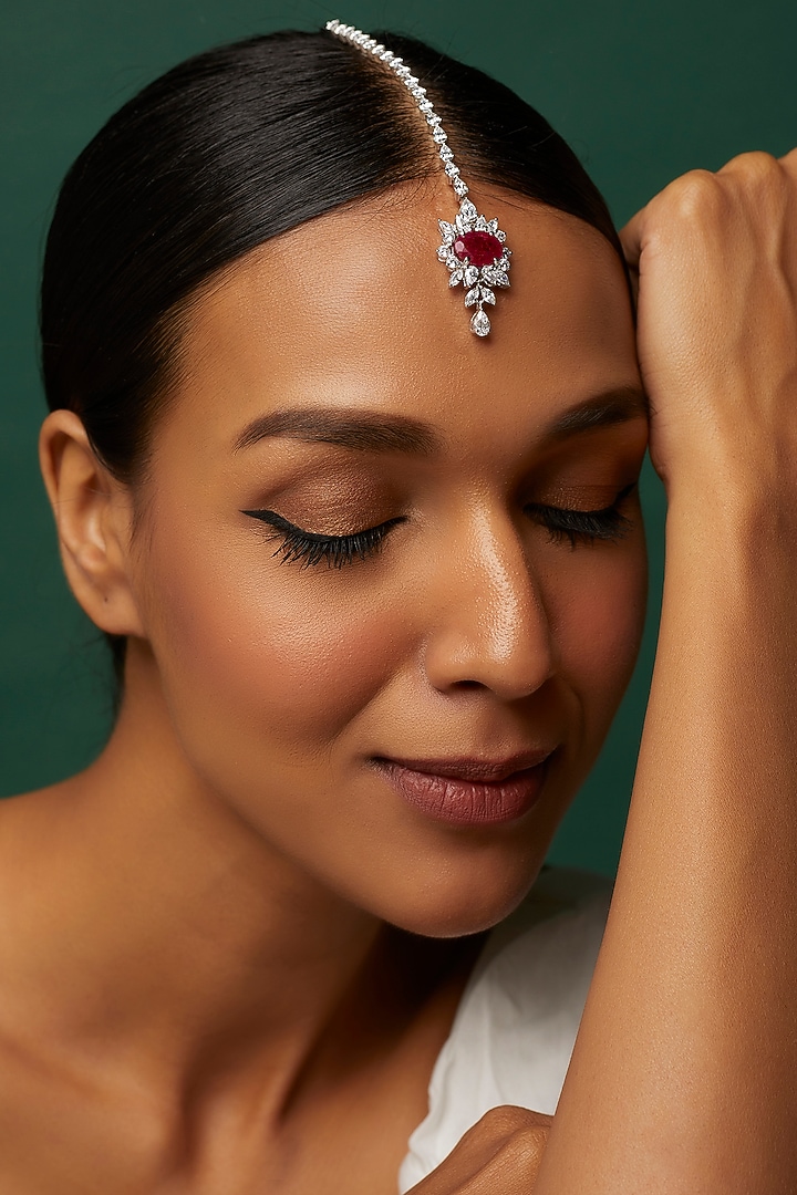 White Finish Red & White Swarovski Zirconia Maangtikka In Sterling Silver by Diosa Paris Jewellery at Pernia's Pop Up Shop