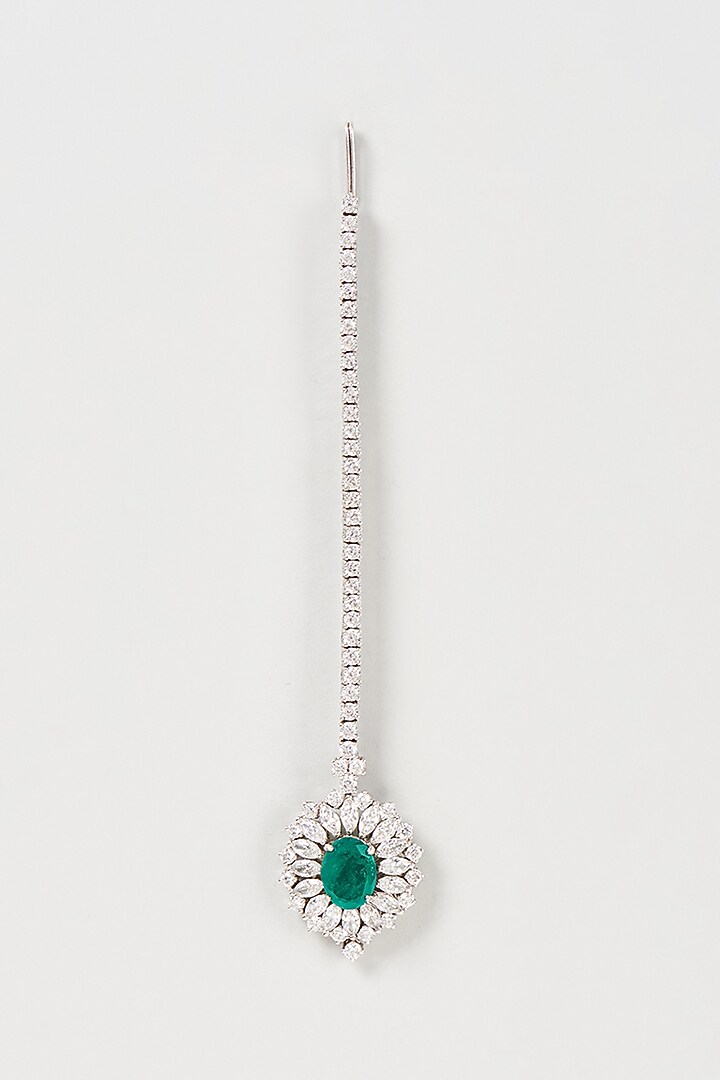 White Finish Green & White Swarovski Zirconia Maangtikka In Sterling Silver by Diosa Paris Jewellery at Pernia's Pop Up Shop