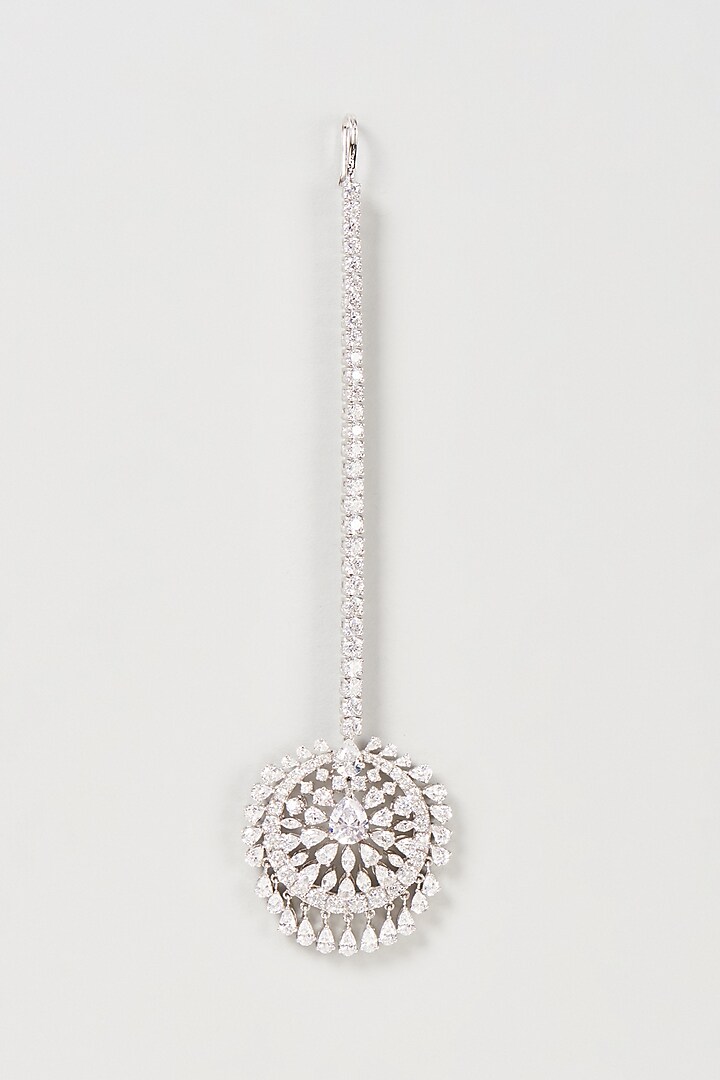 White Finish Swarovski Zirconia Maangtikka In Sterling Silver by Diosa Paris Jewellery at Pernia's Pop Up Shop