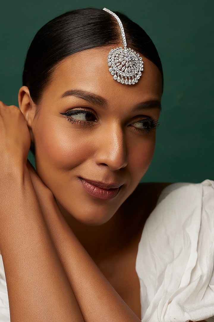 White Finish Swarovski Zirconia Maangtikka In Sterling Silver by Diosa Paris Jewellery at Pernia's Pop Up Shop