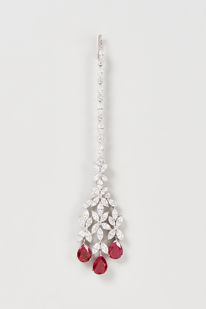 White Finish Red & White Swarovski Zirconia Maangtikka In Sterling Silver by Diosa Paris Jewellery at Pernia's Pop Up Shop