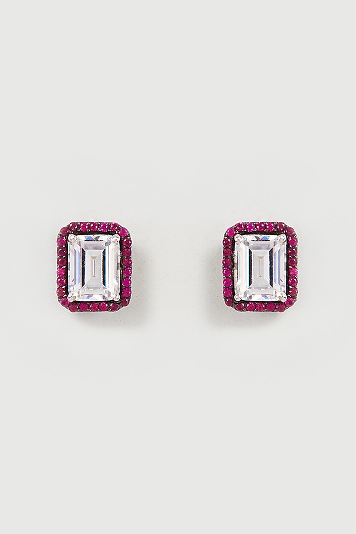 White Finish Red & White Swarovski Zirconia Stud Earrings In Sterling Silver by Diosa Paris Jewellery at Pernia's Pop Up Shop