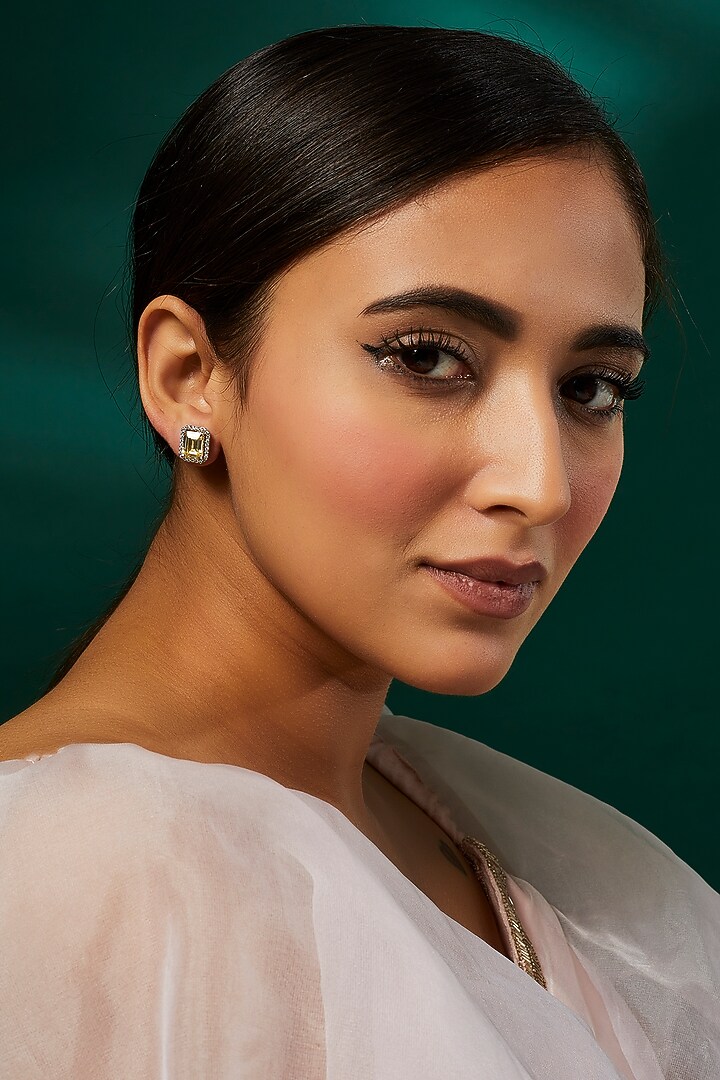 White Finish Yellow Swarovski Zirconia Stud Earrings In Sterling Silver by Diosa Paris Jewellery at Pernia's Pop Up Shop