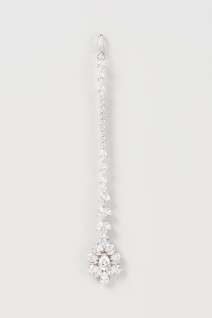 White Finish Swarovski Zirconia Maangtikka In Sterling Silver by Diosa Paris Jewellery at Pernia's Pop Up Shop