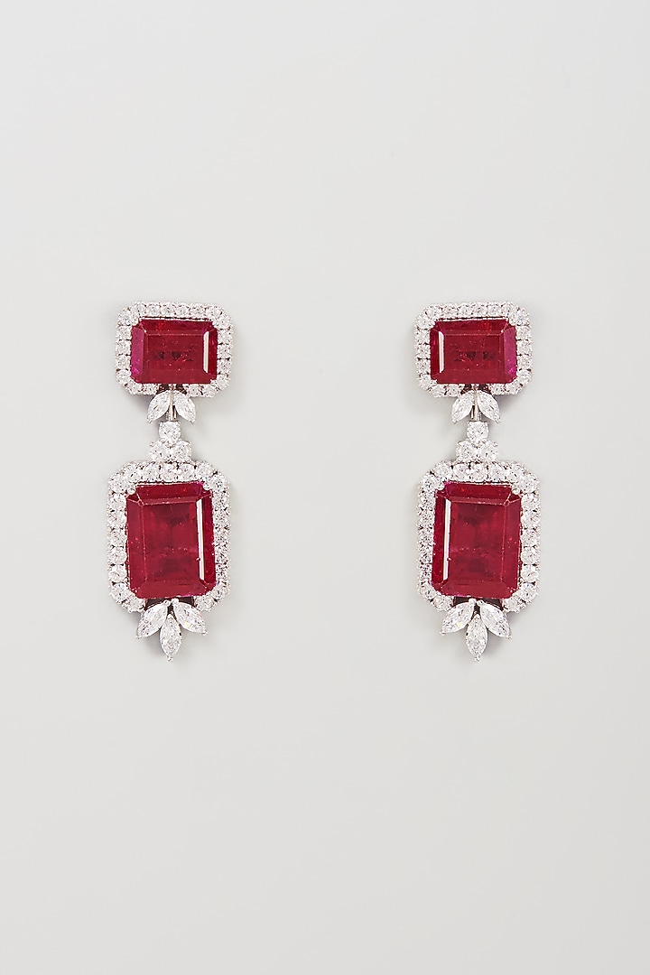 White Finish White & Red Swarovski Zirconia Dangler Earrings In Sterling Silver by Diosa Paris Jewellery at Pernia's Pop Up Shop