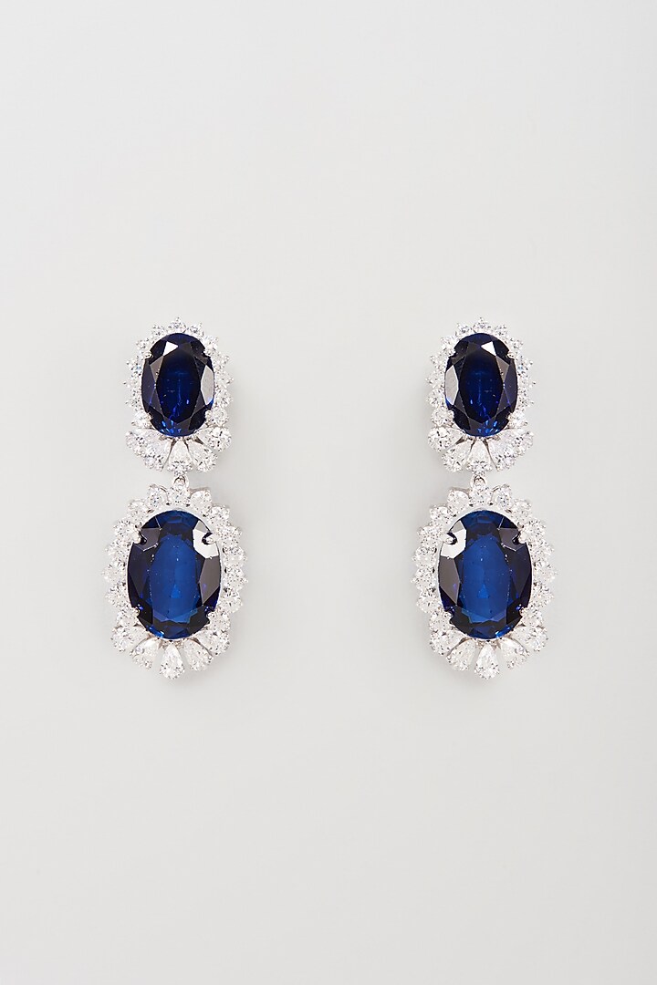 White Finish White & Blue Swarovski Zirconia Chandelier Earrings In Sterling Silver by Diosa Paris Jewellery at Pernia's Pop Up Shop