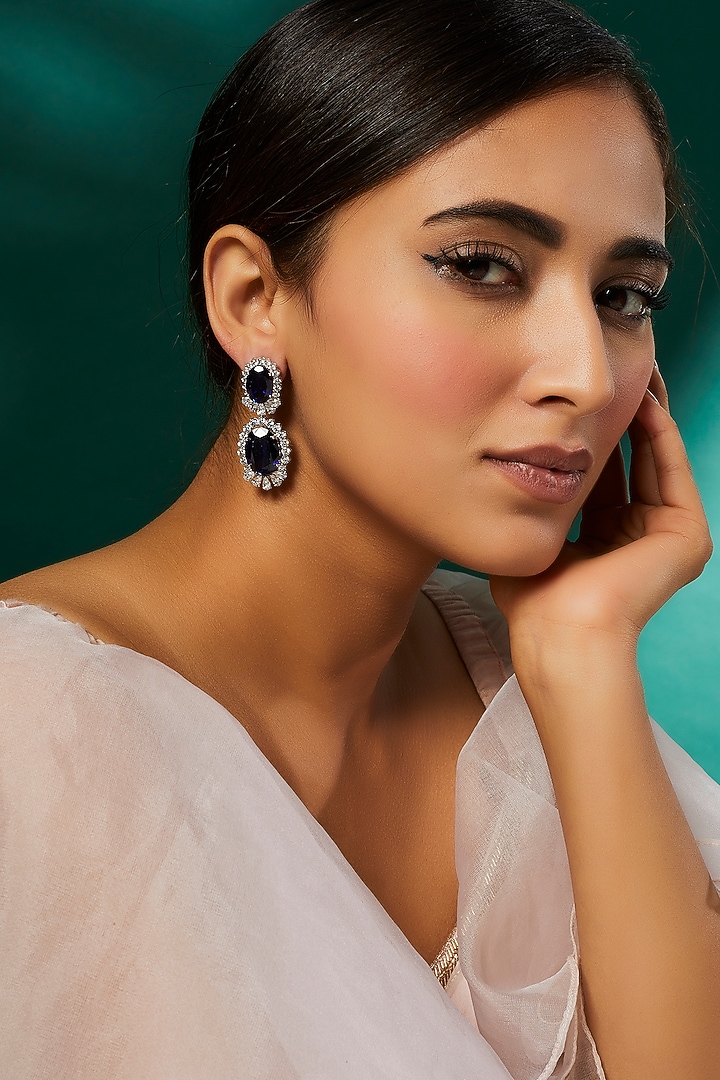 White Finish White & Blue Swarovski Zirconia Chandelier Earrings In Sterling Silver by Diosa Paris Jewellery at Pernia's Pop Up Shop