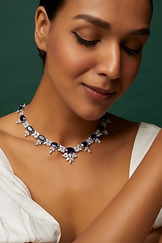 White Finish White & Blue Swarovski Zirconia Necklace In Sterling Silver by Diosa Paris Jewellery