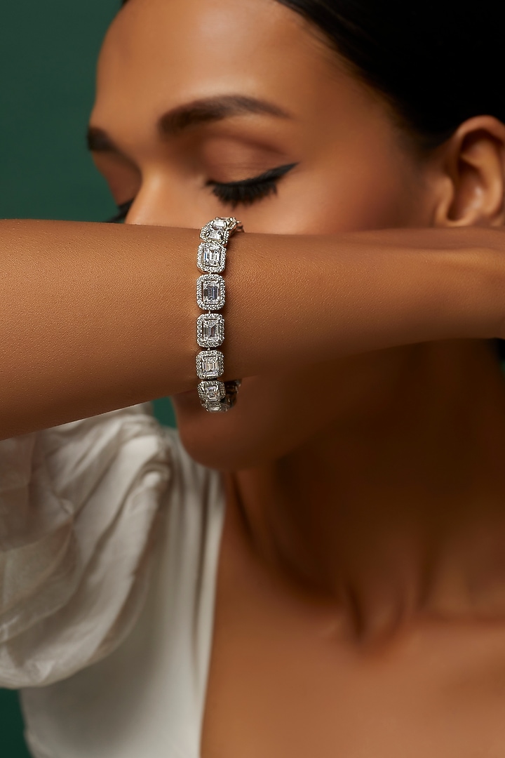White Finish Swarovski Zirconia Bracelet In Sterling Silver by Diosa Paris Jewellery at Pernia's Pop Up Shop