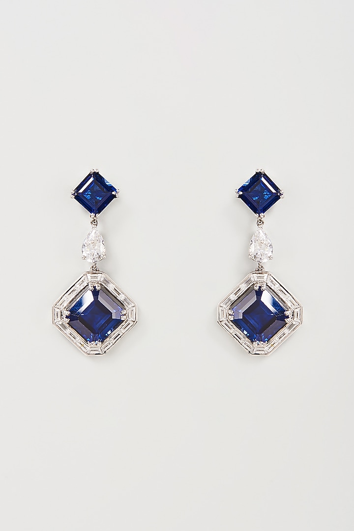 White Finish White & Blue Swarovski Zirconia Dangler Earrings In Sterling Silver by Diosa Paris Jewellery at Pernia's Pop Up Shop