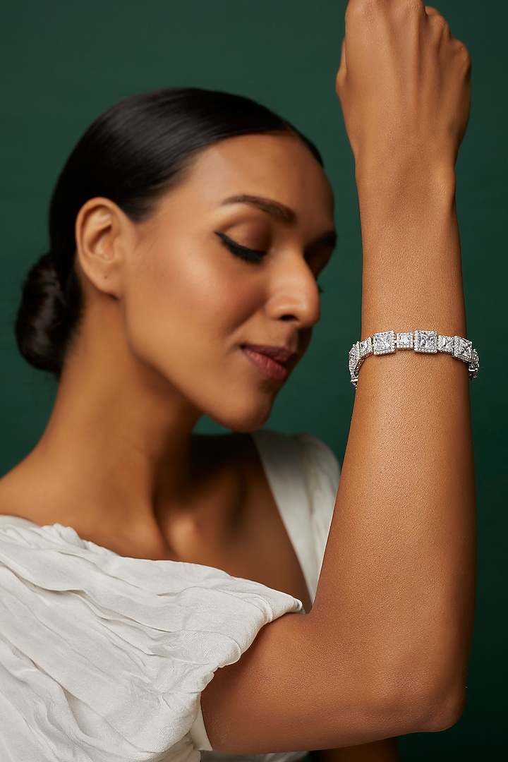 White Finish Swarovski Zirconia Cuff Bracelet In Sterling Silver by Diosa Paris Jewellery at Pernia's Pop Up Shop