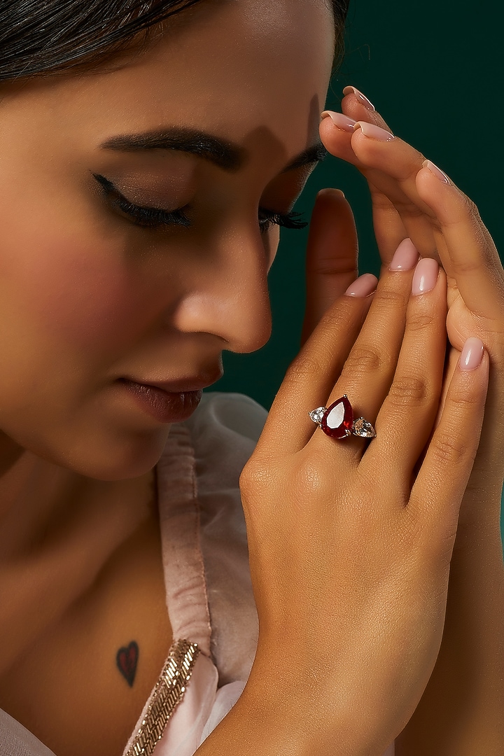 White Finish White & Red Swarovski Zirconia Cocktail Ring In Sterling Silver by Diosa Paris Jewellery at Pernia's Pop Up Shop