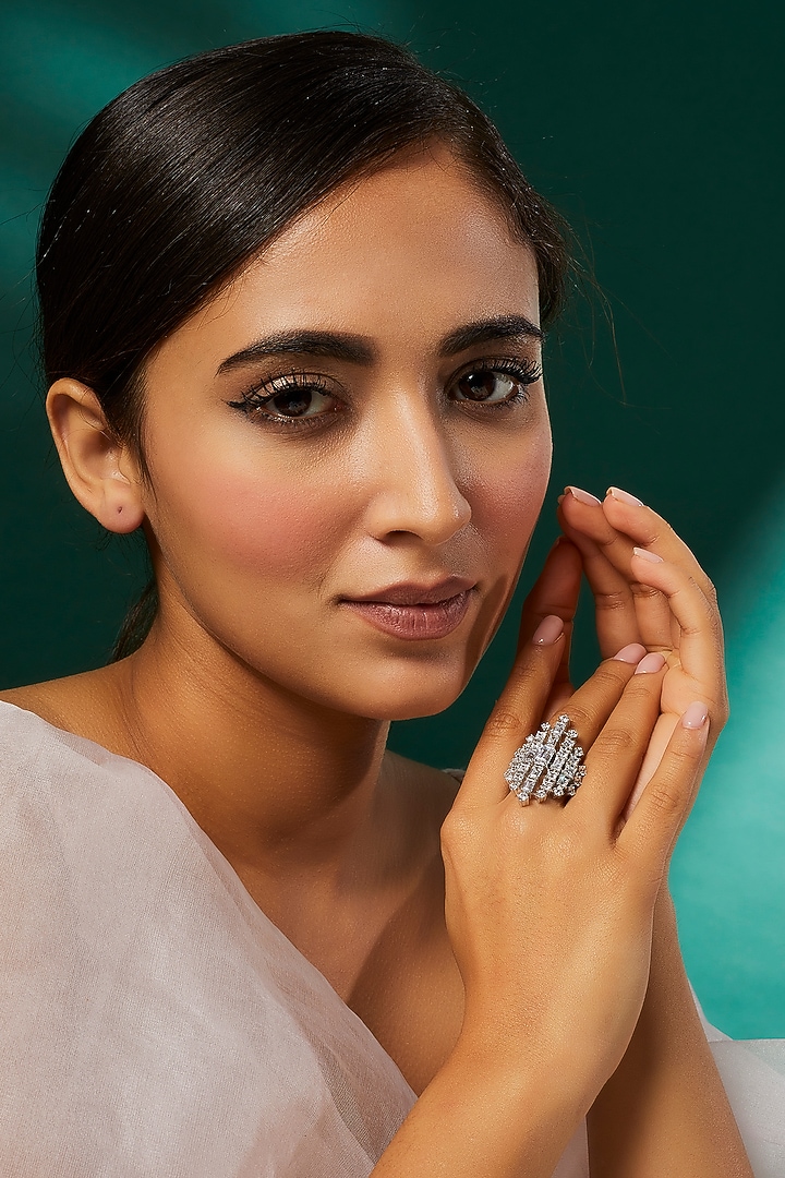 White Finish Swarovski Zirconia Ring In Sterling Silver by Diosa Paris Jewellery at Pernia's Pop Up Shop