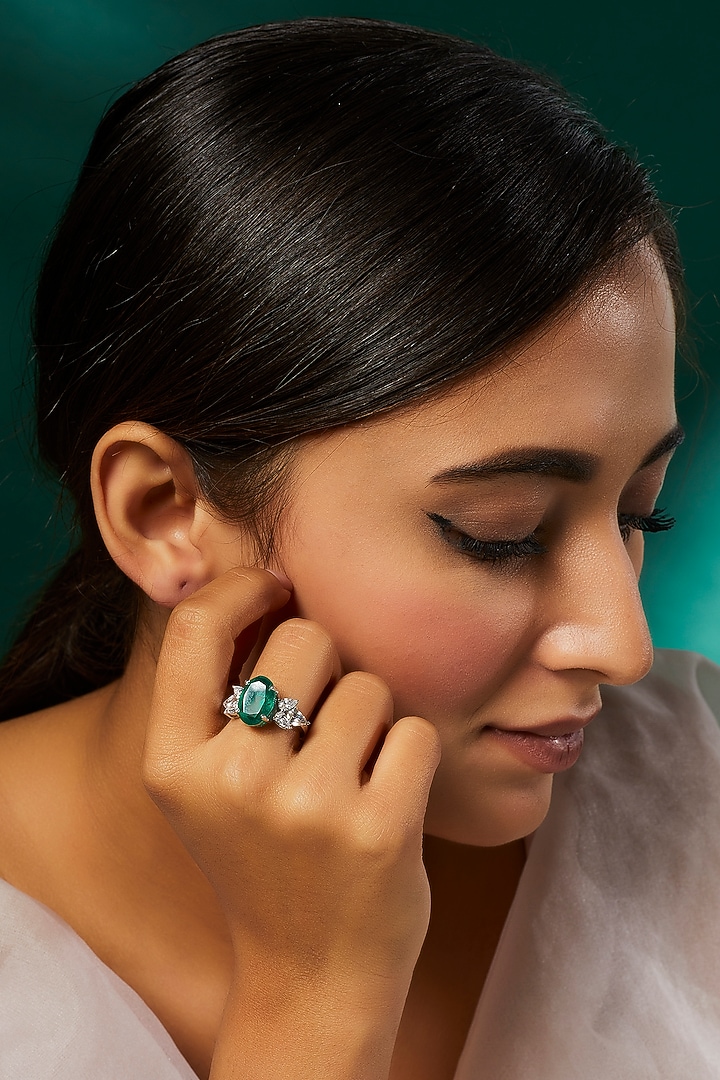 White Finish White & Green Swarovski Zirconia Cocktail Ring In Sterling Silver by Diosa Paris Jewellery at Pernia's Pop Up Shop
