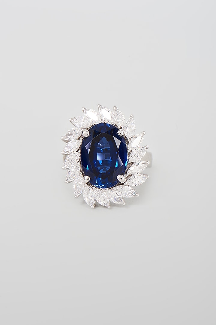 White Finish White & Blue Swarovski Zirconia Cocktail Ring In Sterling Silver by Diosa Paris Jewellery at Pernia's Pop Up Shop