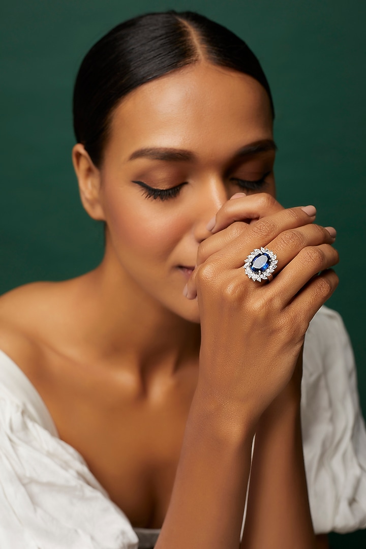 White Finish White & Blue Swarovski Zirconia Cocktail Ring In Sterling Silver by Diosa Paris Jewellery at Pernia's Pop Up Shop