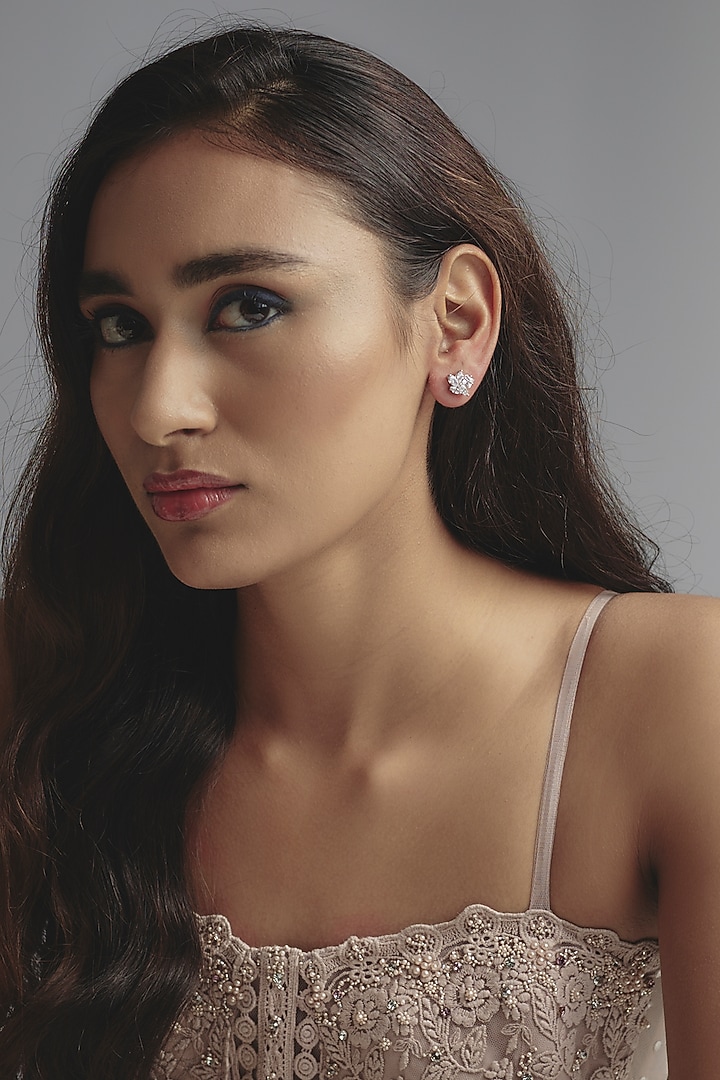 White Finish Zircon Stud Earrings In Sterling Silver by Diosa Paris Jewellery at Pernia's Pop Up Shop