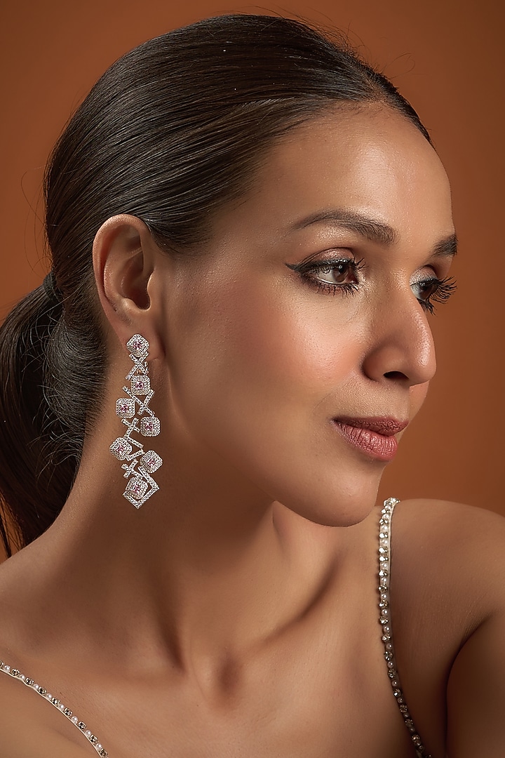 White Finish Zircon Dangler Earrings In Sterling Silver by Diosa Paris Jewellery at Pernia's Pop Up Shop