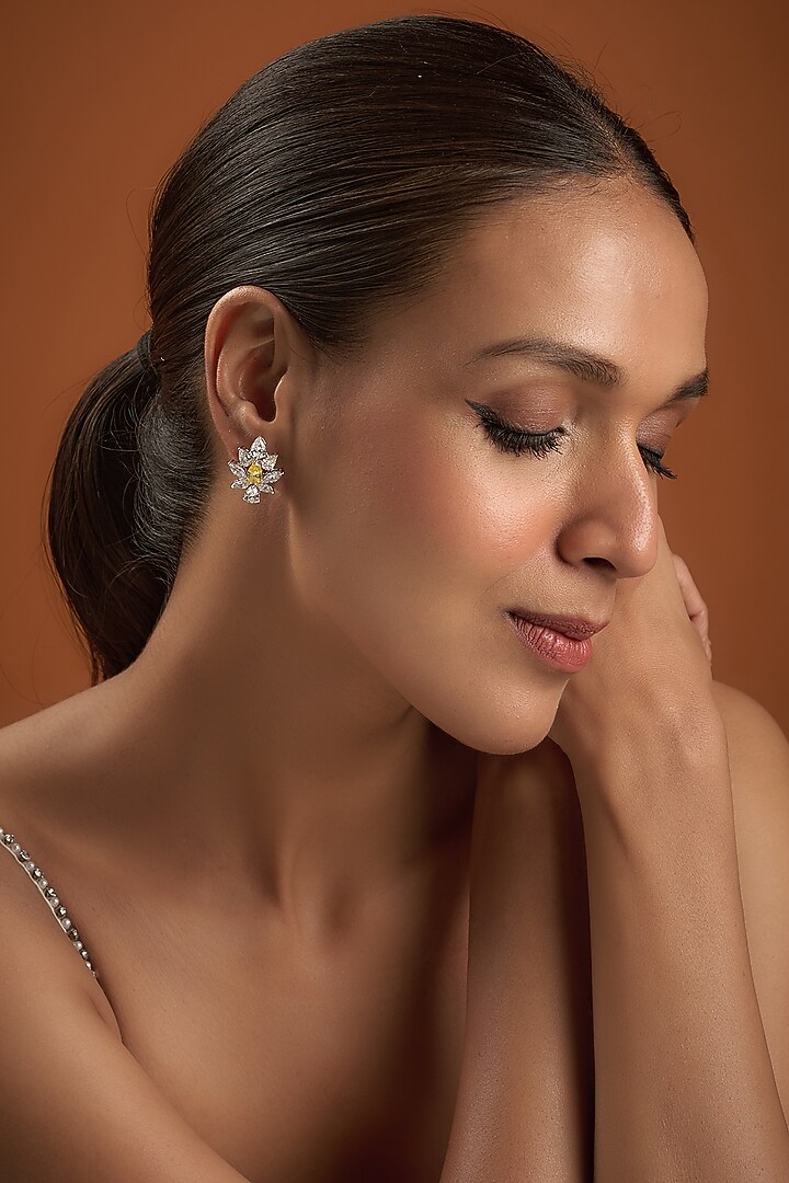 White Finish Zircon Stud Earrings In Sterling Silver by Diosa Paris Jewellery at Pernia's Pop Up Shop
