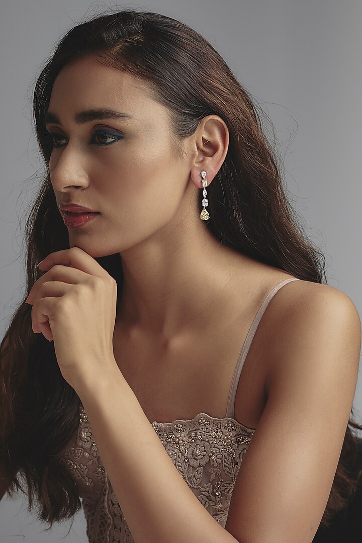 White Finish Zircon Dangler Earrings In Sterling Silver by Diosa Paris Jewellery at Pernia's Pop Up Shop
