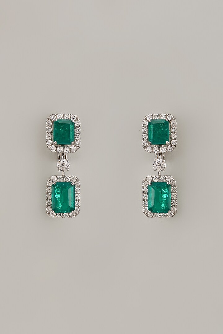 White Finish Synthetic Emerald Stone Dangler Earrings In Sterling Silver by Diosa Paris Jewellery at Pernia's Pop Up Shop