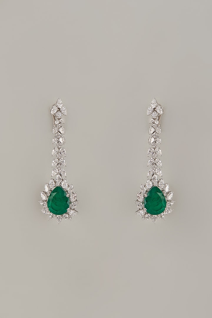 White Finish Synthetic Emerald Stone Dangler Earrings In Sterling Silver by Diosa Paris Jewellery at Pernia's Pop Up Shop