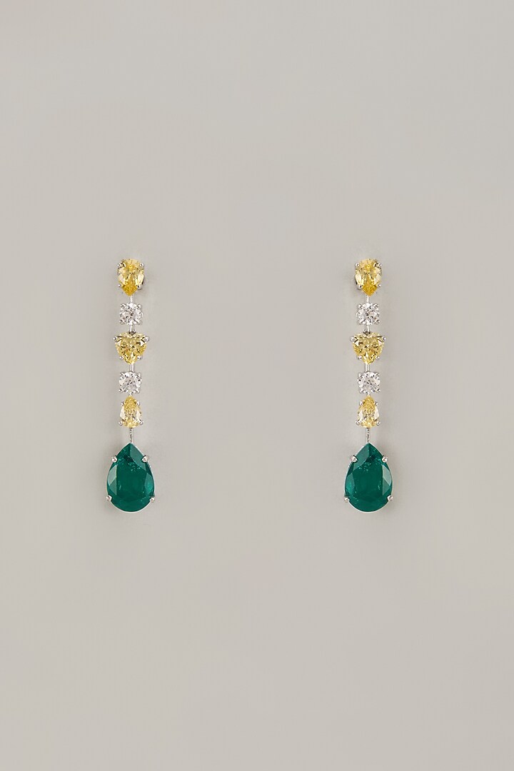 White Finish Zircon & Synthetic Emerald Stone Dangler Earrings In Sterling Silver by Diosa Paris Jewellery at Pernia's Pop Up Shop