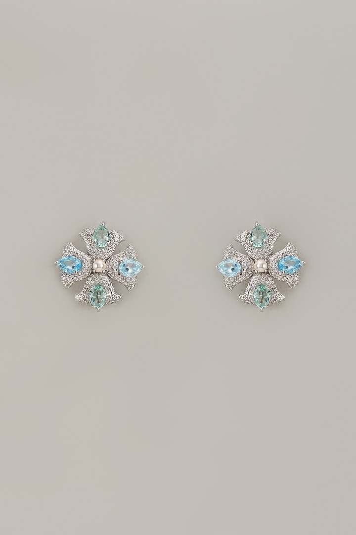 White Finish Zircon Stud Earrings In Sterling Silver by Diosa Paris Jewellery at Pernia's Pop Up Shop
