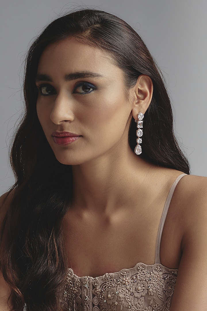 White Finish Zircon Dangler Earrings In Sterling Silver by Diosa Paris Jewellery at Pernia's Pop Up Shop