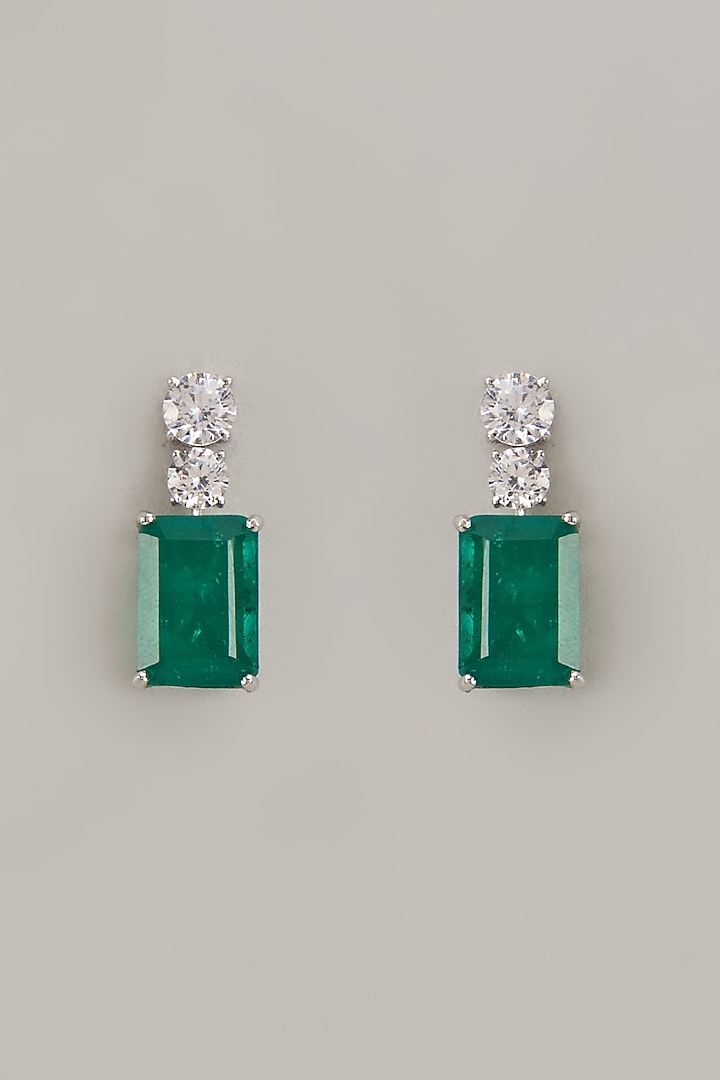White Finish Synthetic Emerald Stone Dangler Earrings In Sterling Silver by Diosa Paris Jewellery at Pernia's Pop Up Shop