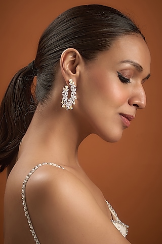 White Finish Zircon Dangler Earrings In Sterling Silver by Diosa Paris Jewellery