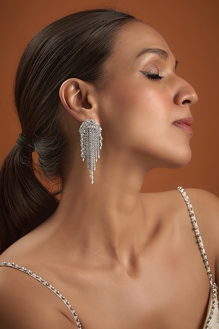 White Finish Zircon Dangler Earrings In Sterling Silver by Diosa Paris Jewellery at Pernia's Pop Up Shop