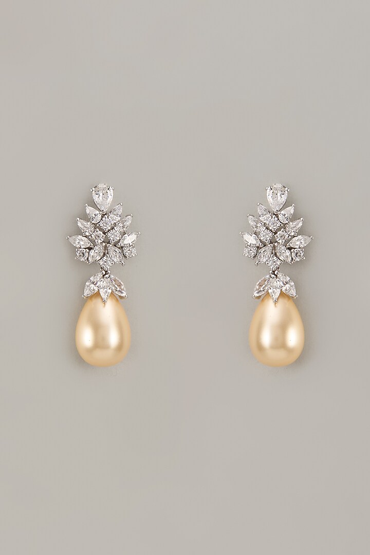 White Finish Zircon & Pearl Dangler Earrings In Sterling Silver by Diosa Paris Jewellery at Pernia's Pop Up Shop