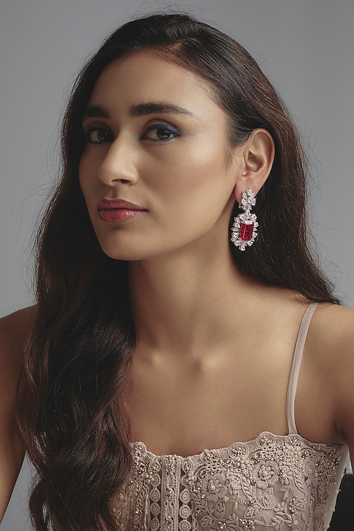 White Finish Zircon & Synthetic Ruby Stone Dangler Earrings In Sterling Silver by Diosa Paris Jewellery at Pernia's Pop Up Shop