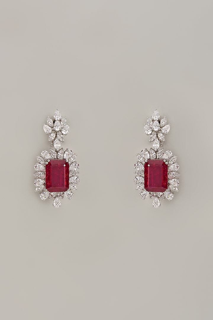White Finish Zircon & Synthetic Ruby Stone Dangler Earrings In Sterling Silver by Diosa Paris Jewellery at Pernia's Pop Up Shop