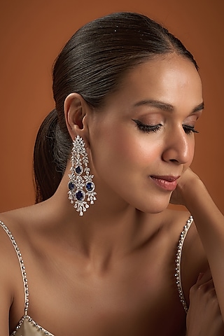 White Finish Zircon & Synthetic Sapphire Stone Dangler Earrings In Sterling Silver by Diosa Paris Jewellery