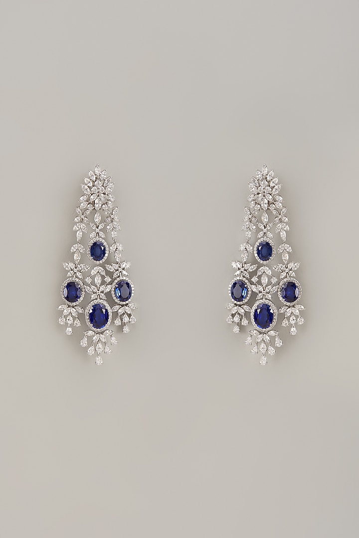 White Finish Zircon & Synthetic Sapphire Stone Dangler Earrings In Sterling Silver by Diosa Paris Jewellery at Pernia's Pop Up Shop