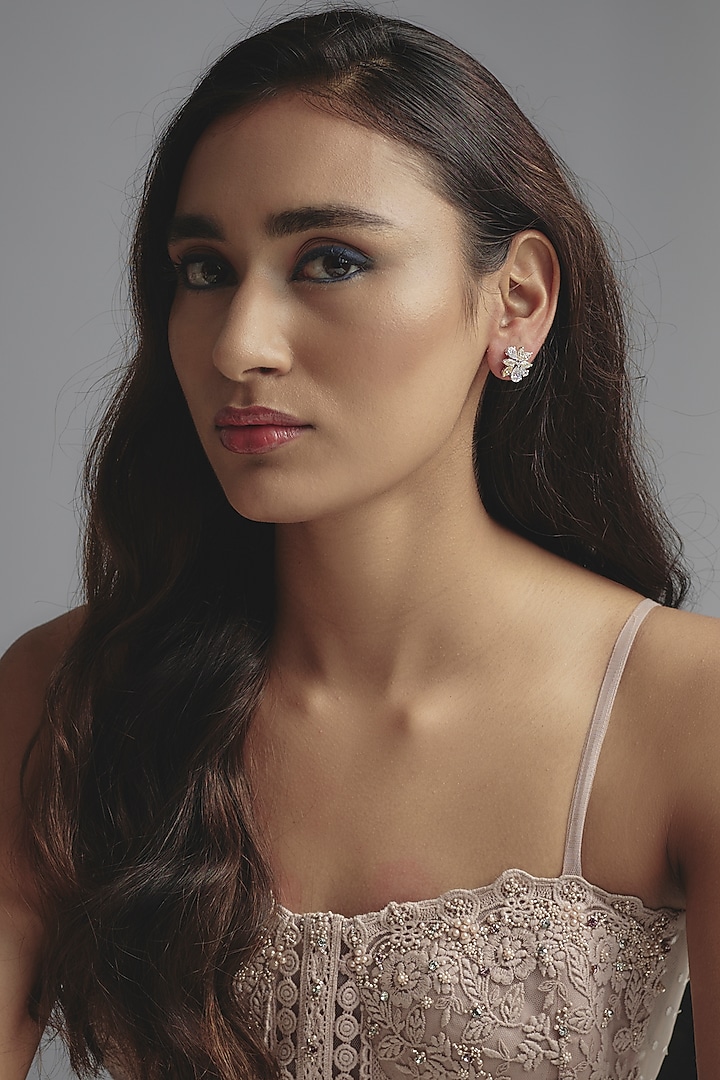 White Finish Zircon Stud Earrings In Sterling Silver by Diosa Paris Jewellery at Pernia's Pop Up Shop