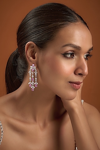 White Finish Pink & White Swarovski Zirconia Dangler Earrings In Sterling Silver by Diosa Paris Jewellery