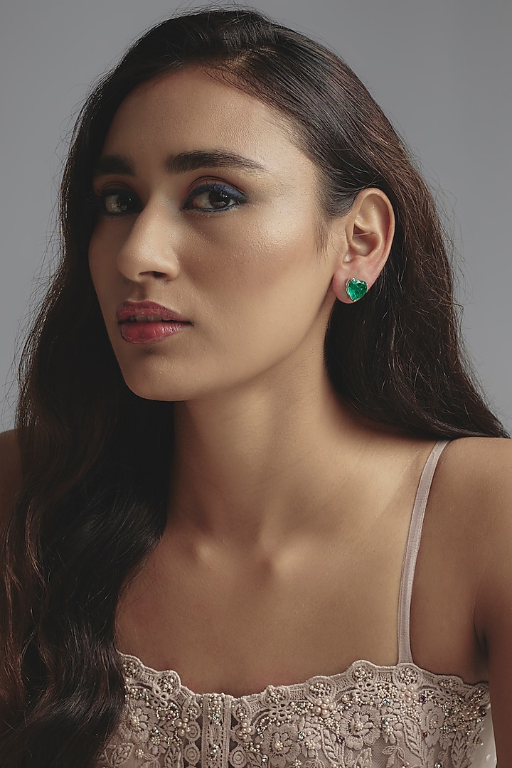 White Finish Green & White Swarovski Zirconia Heart Shaped Stud Earrings In Sterling Silver by Diosa Paris Jewellery at Pernia's Pop Up Shop
