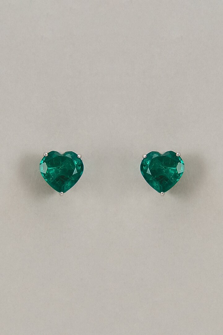 White Finish Green & White Swarovski Zirconia Heart Shaped Stud Earrings In Sterling Silver by Diosa Paris Jewellery at Pernia's Pop Up Shop