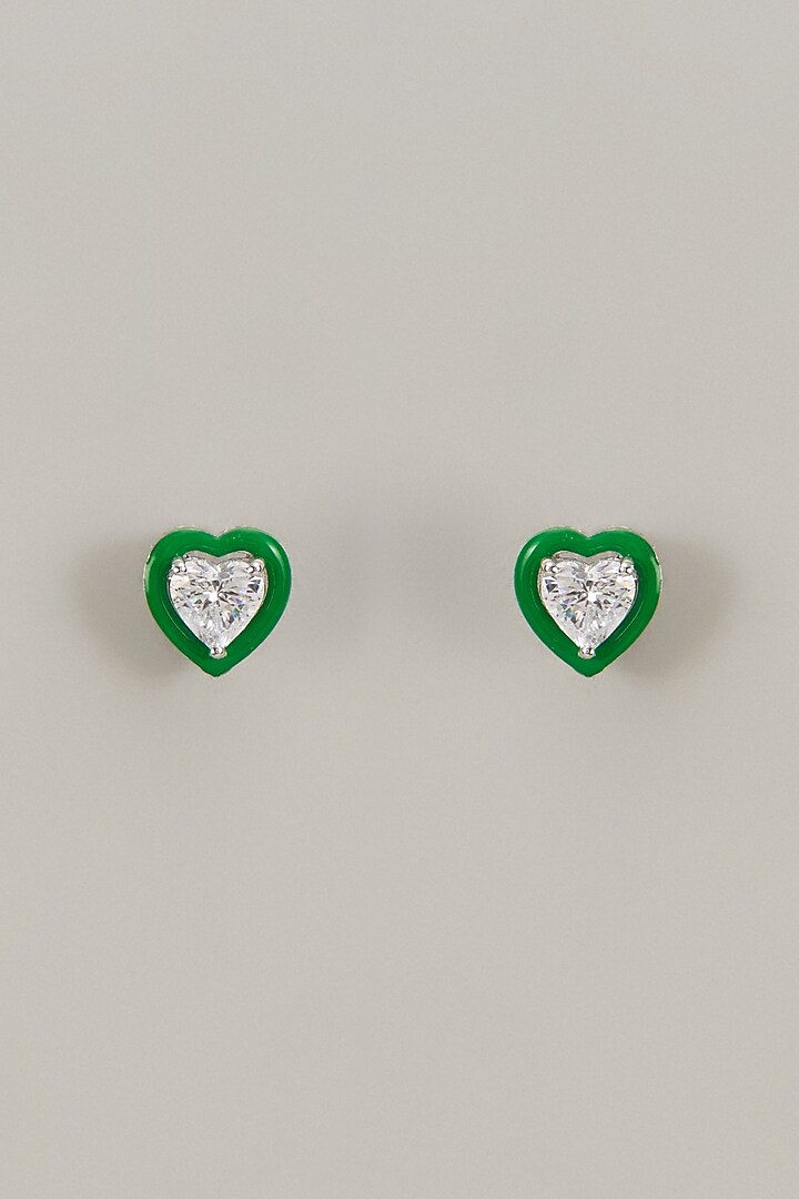 White Finish Swarovski Zirconia Enameled Heart Shaped Stud Earrings In Sterling Silver by Diosa Paris Jewellery at Pernia's Pop Up Shop