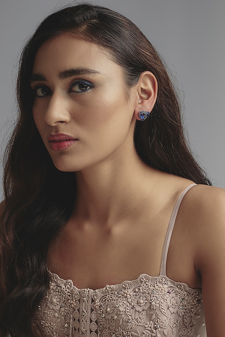 White Finish Synthetic Sapphire Stone Heart Shaped Stud Earrings In Sterling Silver by Diosa Paris Jewellery at Pernia's Pop Up Shop