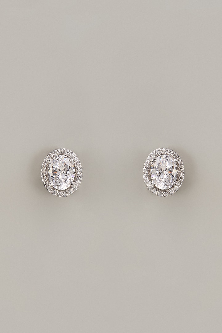 White Finish Round Cut Swarovski Zirconia Stud Earrings In Sterling Silver by Diosa Paris Jewellery at Pernia's Pop Up Shop